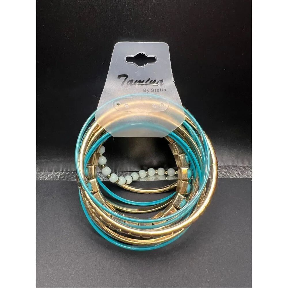 Tamina by Stella Gold Tone Turquoise Metal Enamel Stacked Bangle Bracelet Set